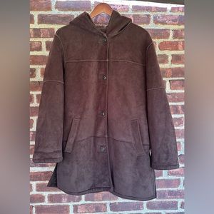Liz Claiborne Vintage Mocha Faux Suede Sherpa Hooded Jacket in Size Large
